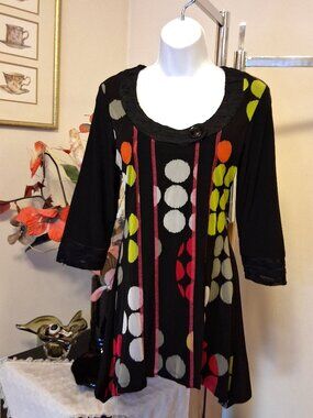 NWT Zoe Women's Black Multi Color Patchwork Blouse ¾ Sleeve Top Size M